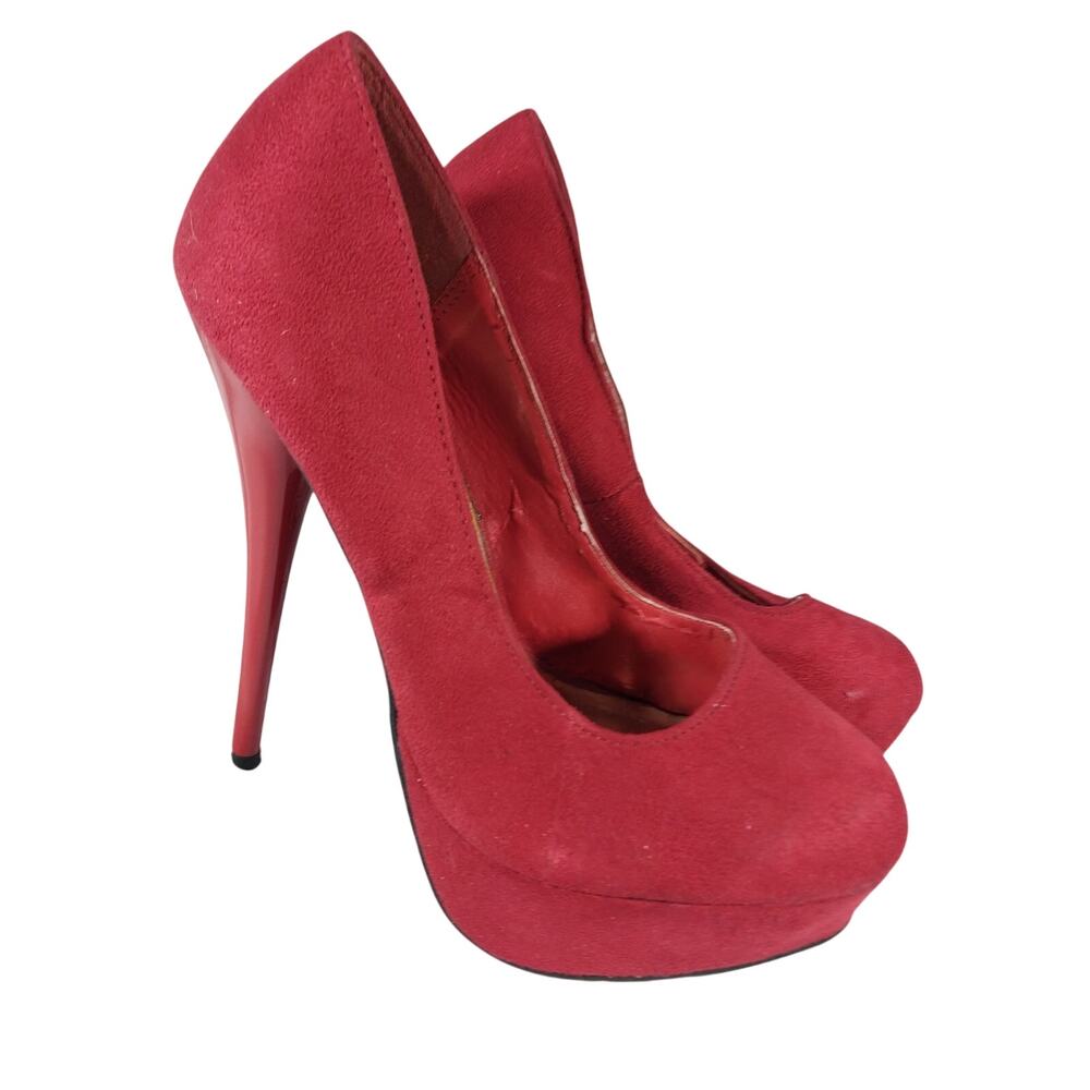 CHARLOTTE RUSSE! RED VEGAN SUEDE LEATHER & PATENT HEEL STILETTO HEELS! SZ 5.5M